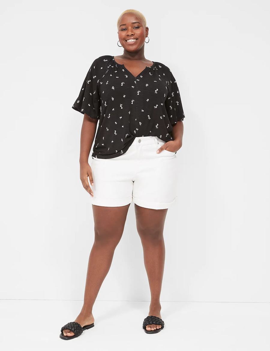 Women Lane Bryant Elbow-Sleeve Notch-Neck Top T Shirts White | CCV556KW