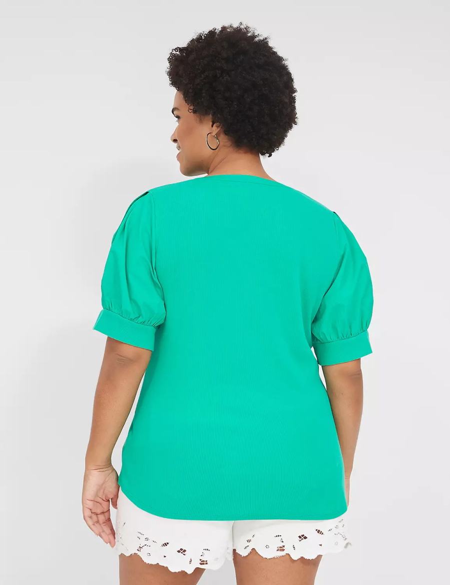 Women Lane Bryant Elbow-Sleeve Split-Neck Top T Shirts Turquoise | VUR5867TE