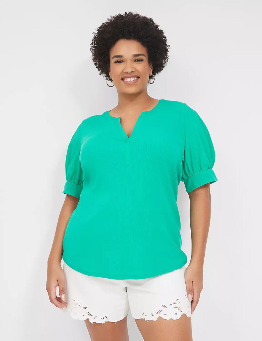 Women Lane Bryant Elbow-Sleeve Split-Neck Top T Shirts Turquoise | VUR5867TE