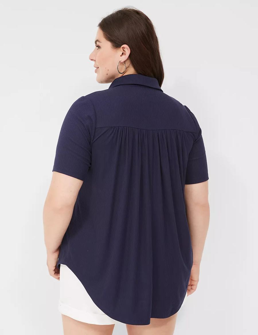 Women Lane Bryant Elbow-Sleeve Split-Neck Swing Polo Top T Shirts Blue | QSL3168NM