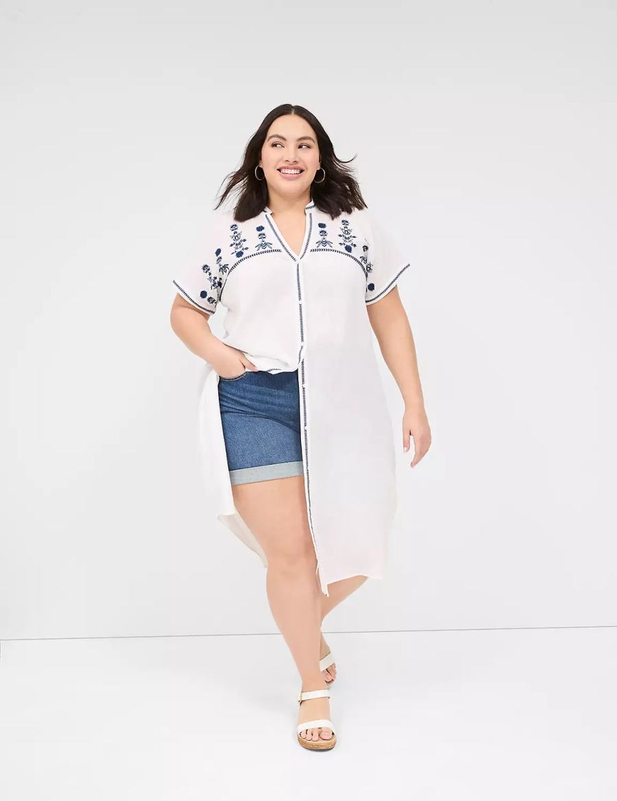 Women Lane Bryant Embroidered Cap-Sleeve Overpiece Robe White | HWE5586YL