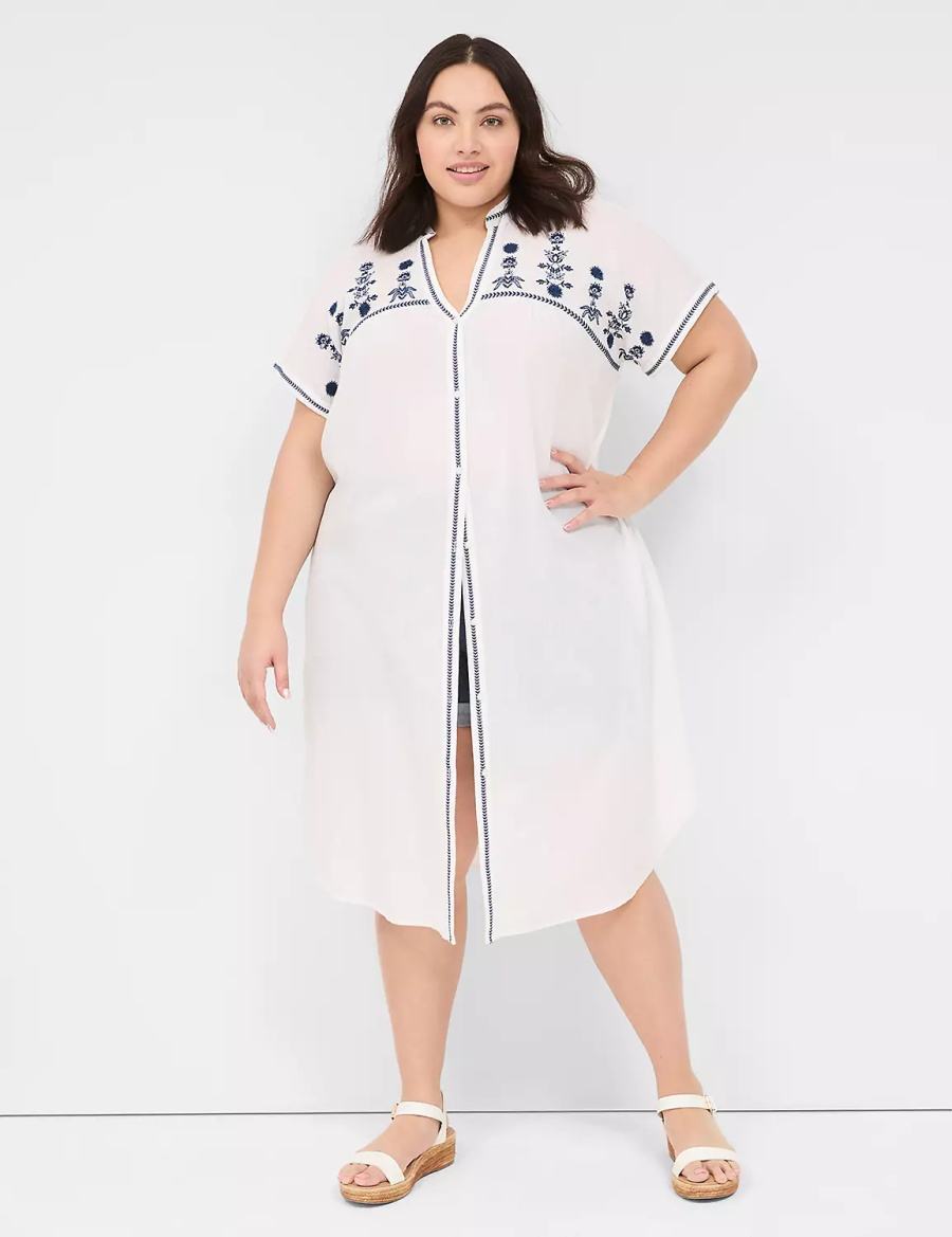 Women Lane Bryant Embroidered Cap-Sleeve Overpiece Robe White | HWE5586YL