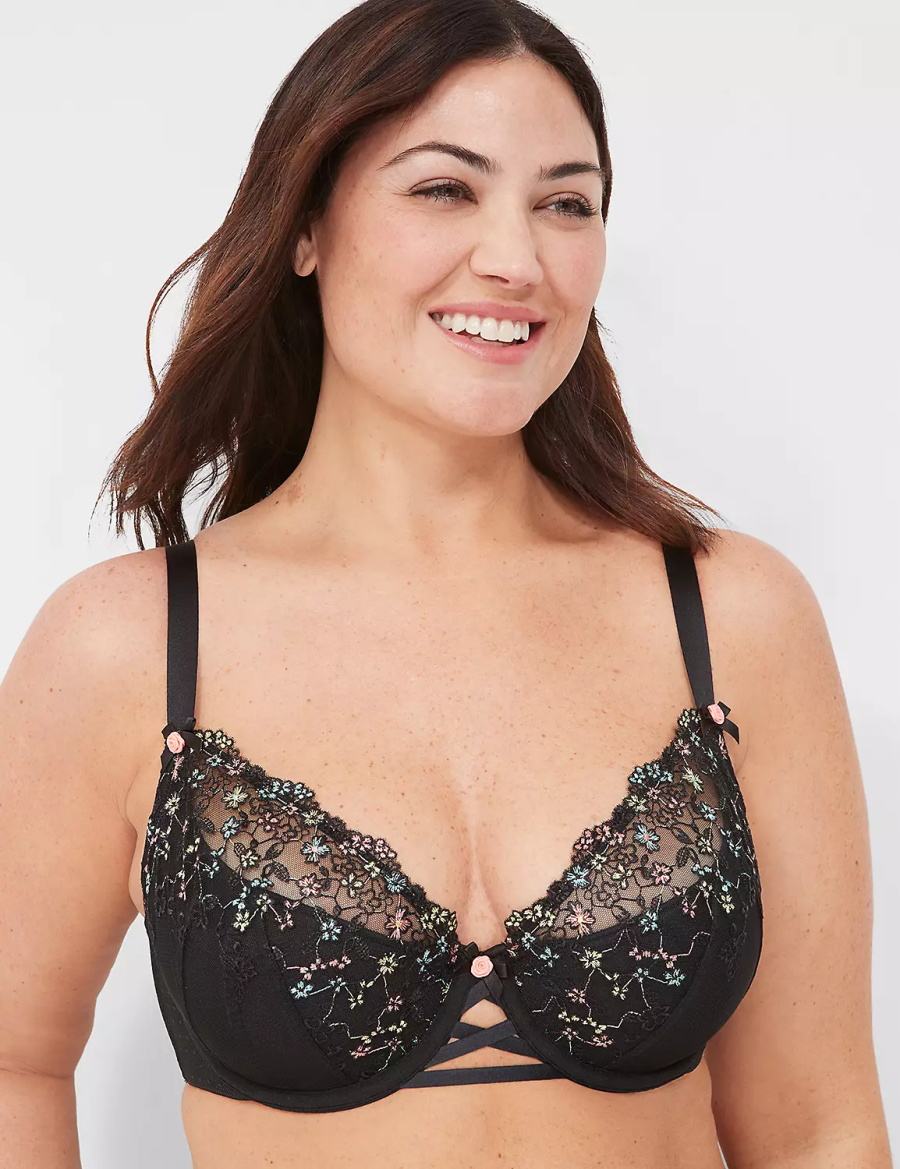 Women Lane Bryant Embroidered French Balconette Bra Black | MRN10016AY
