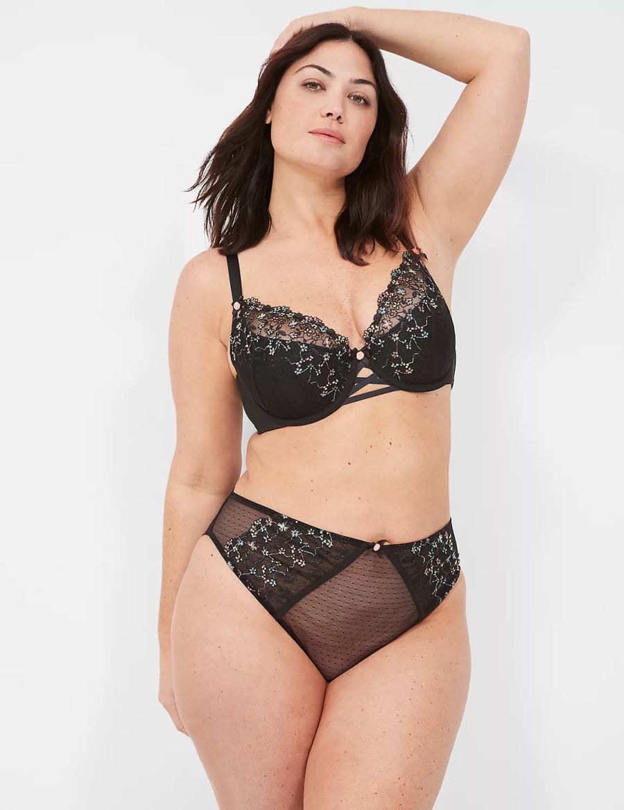 Women Lane Bryant Embroidered French Balconette Bra Black | MRN10016AY