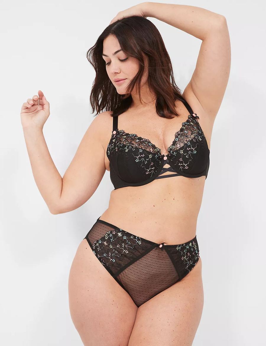 Women Lane Bryant Embroidered French Briefs Black | BKD2916YA