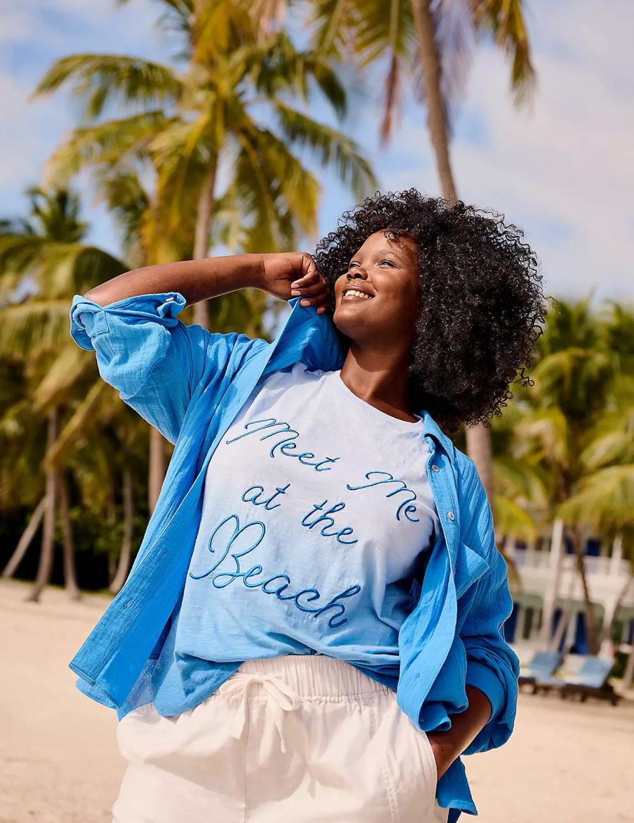 Women Lane Bryant Embroidered Meet Me At The Beach Graphic Tee Tank Top Blue | WAW2495AR