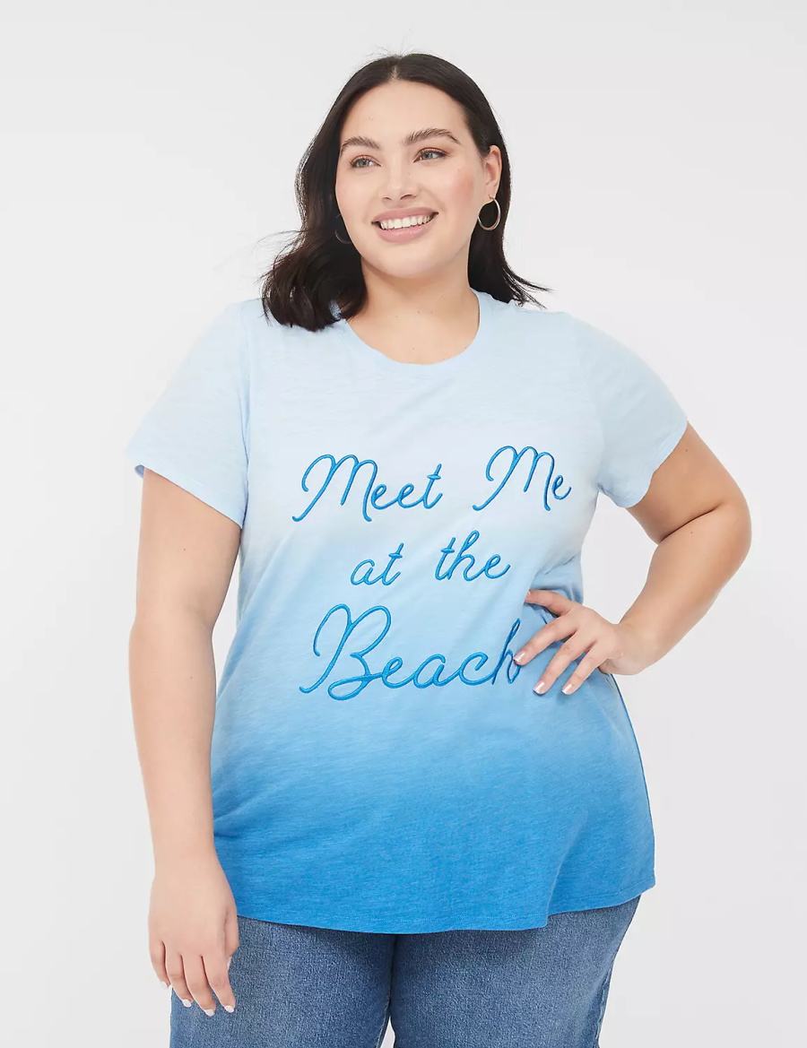 Women Lane Bryant Embroidered Meet Me At The Beach Graphic Tee Tank Top Blue | WAW2495AR