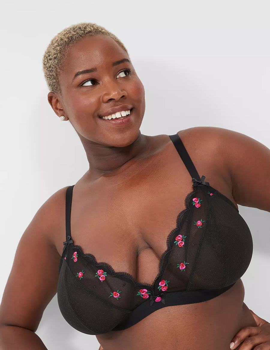 Women Lane Bryant Embroidered No-Wire Triangle Bralettes Black | WSF6865JK