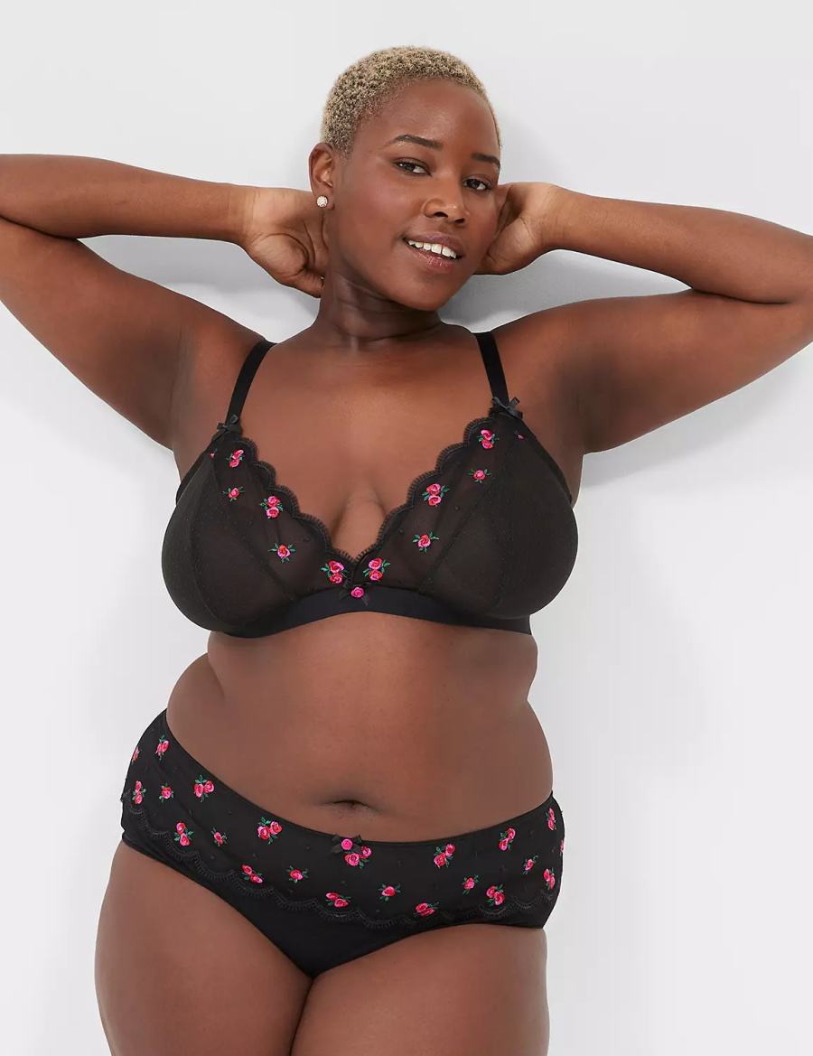 Women Lane Bryant Embroidered No-Wire Triangle Bralettes Black | WSF6865JK