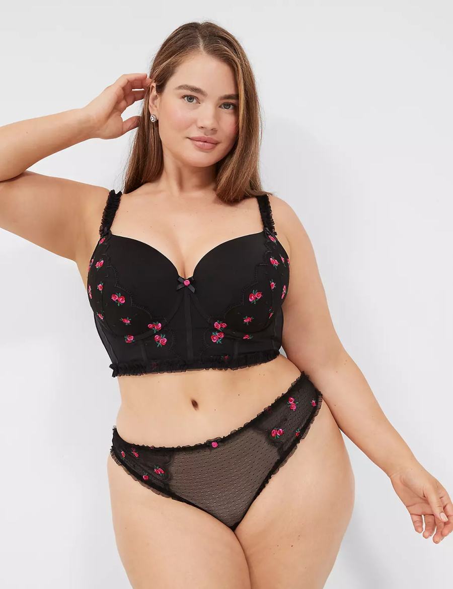 Women Lane Bryant Embroidered Ruffle-Trim Thong Panty Black | SSQ936AV