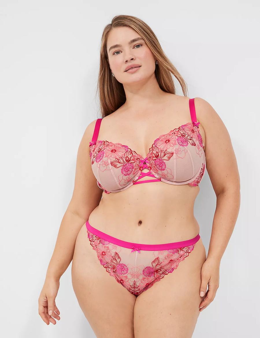 Women Lane Bryant Embroidered Thong Panty Rose Pink | WJX6871UM