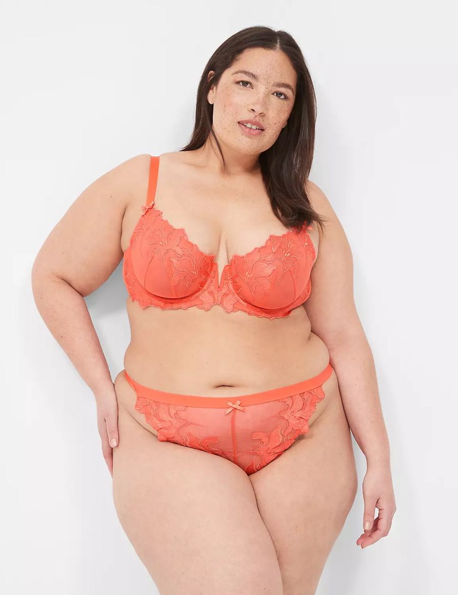 Women Lane Bryant Embroidered Thong Panty Red Coral | TZX6173IV