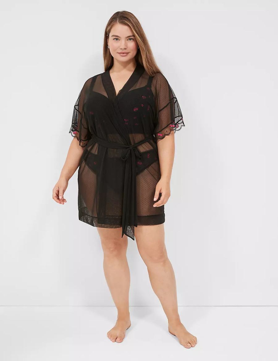Women Lane Bryant Embroidered Trim Robe Black | XAL1799ZE