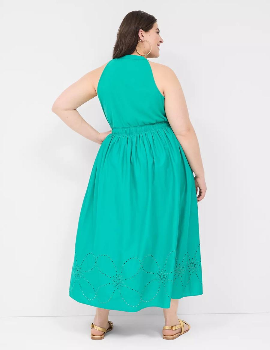 Women Lane Bryant Eyelet-Detail Split-Neck Maxi Dress Light Turquoise | VSJ9471LJ