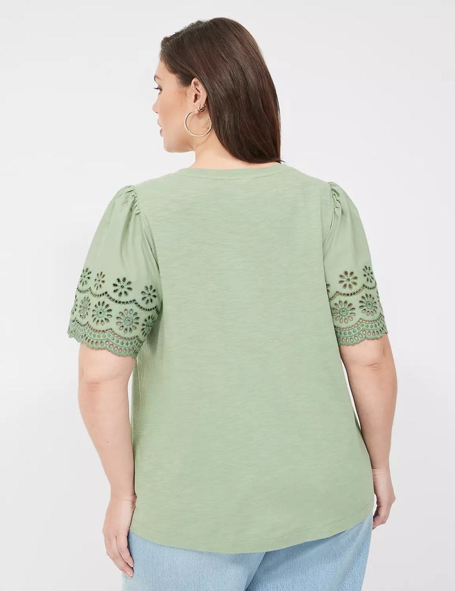 Women Lane Bryant Eyelet-Sleeve Crew-Neck Knit Tee Tank Top Light Green | XGK656XJ