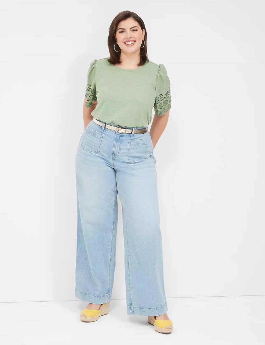 Women Lane Bryant Eyelet-Sleeve Crew-Neck Knit Tee Tank Top Light Green | XGK656XJ