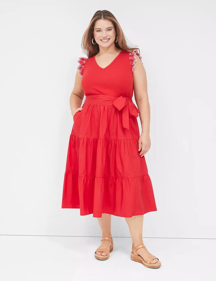 Women Lane Bryant Eyelet-Sleeveed Midi Dress Red | FLT9384WI