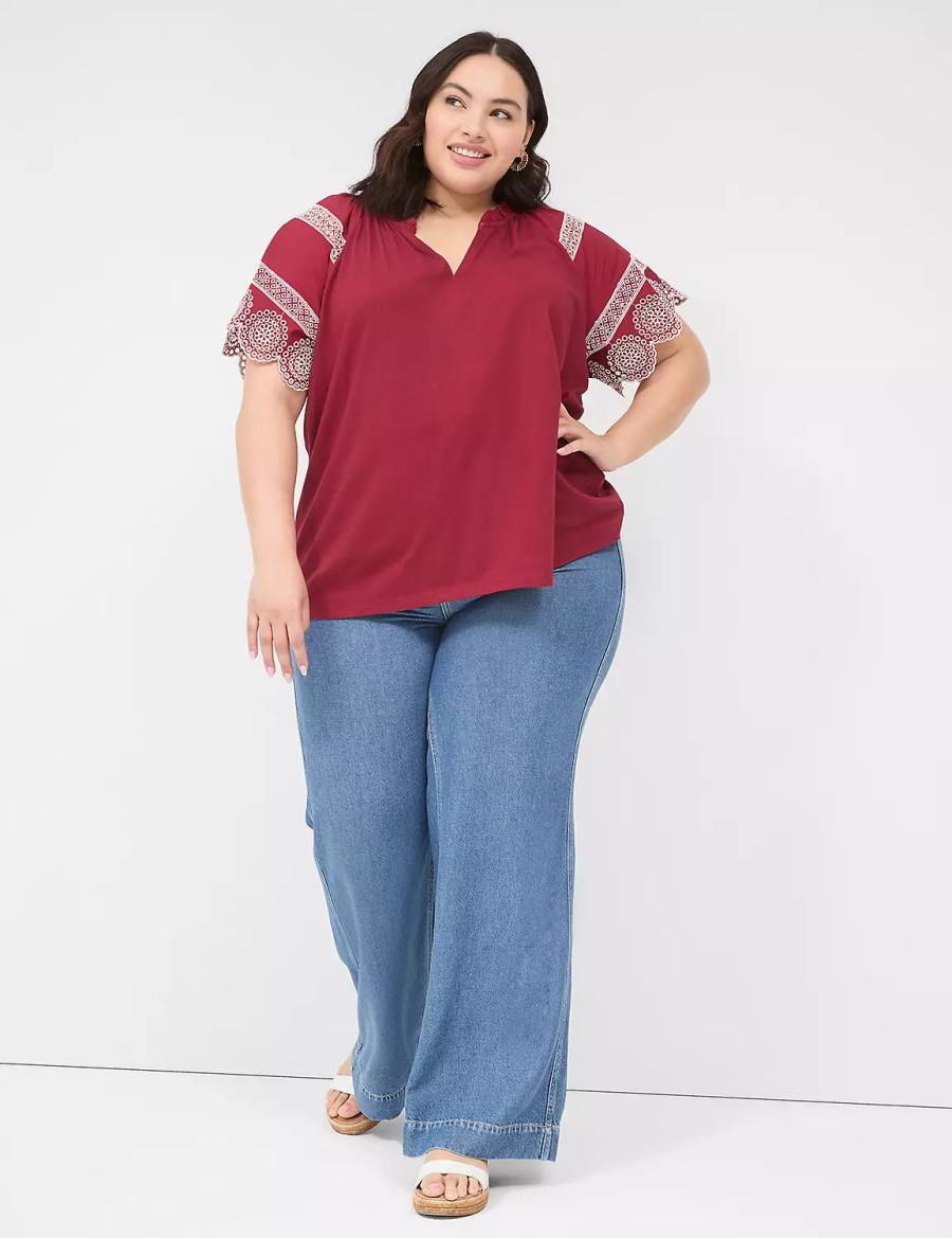 Women Lane Bryant Eyelet Short-Sleeve Knit Top T Shirts Deep Red | BBO759IQ
