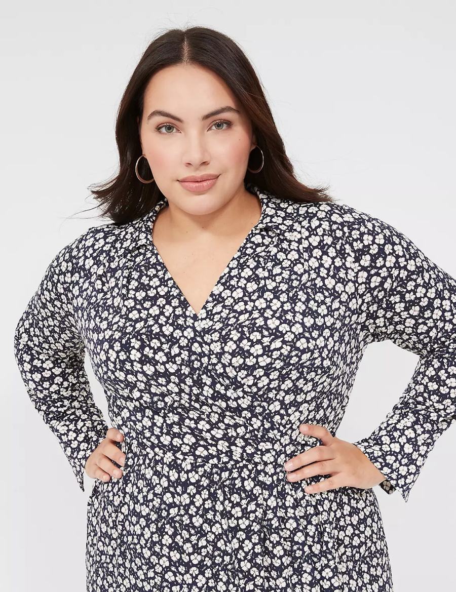 Women Lane Bryant Faux-Wrap Collar Jersey Midi Dress Navy | VCH4225ZV