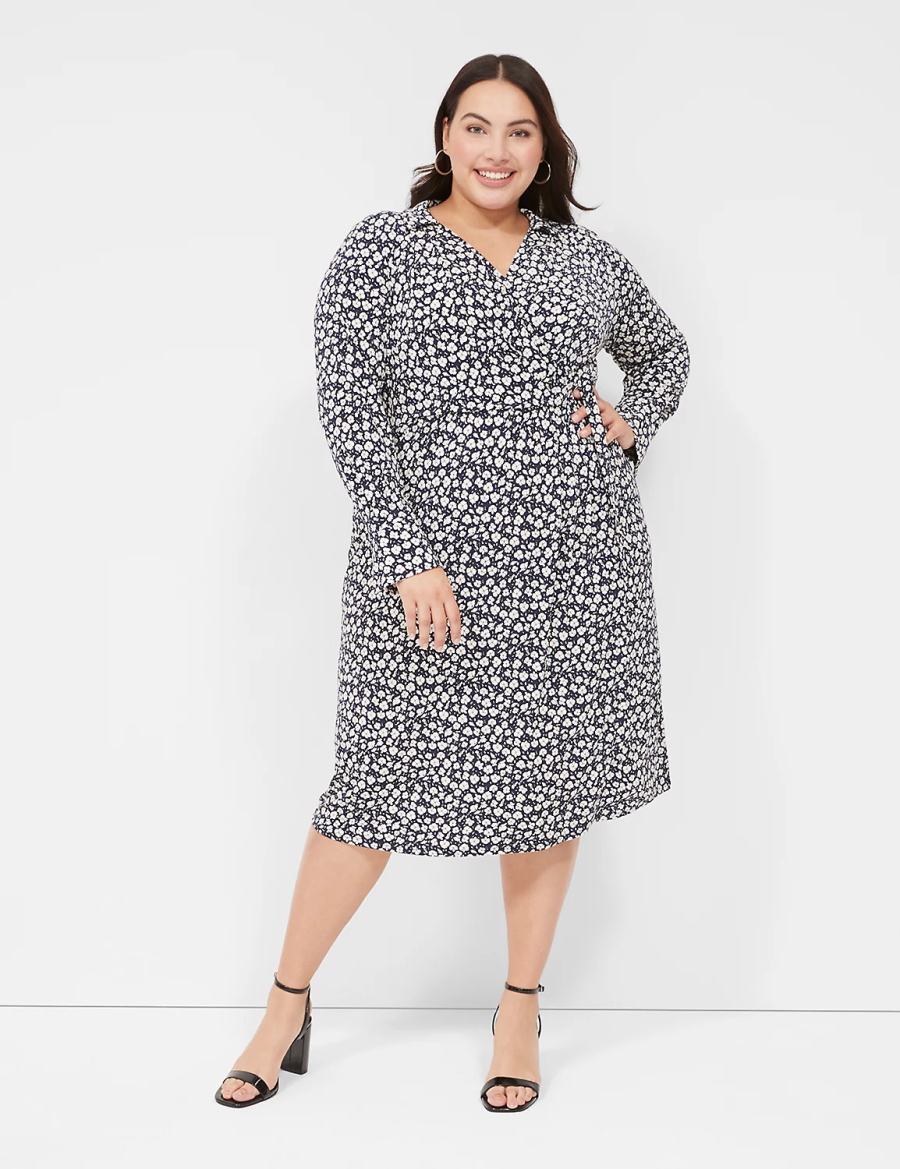 Women Lane Bryant Faux-Wrap Collar Jersey Midi Dress Navy | VCH4225ZV