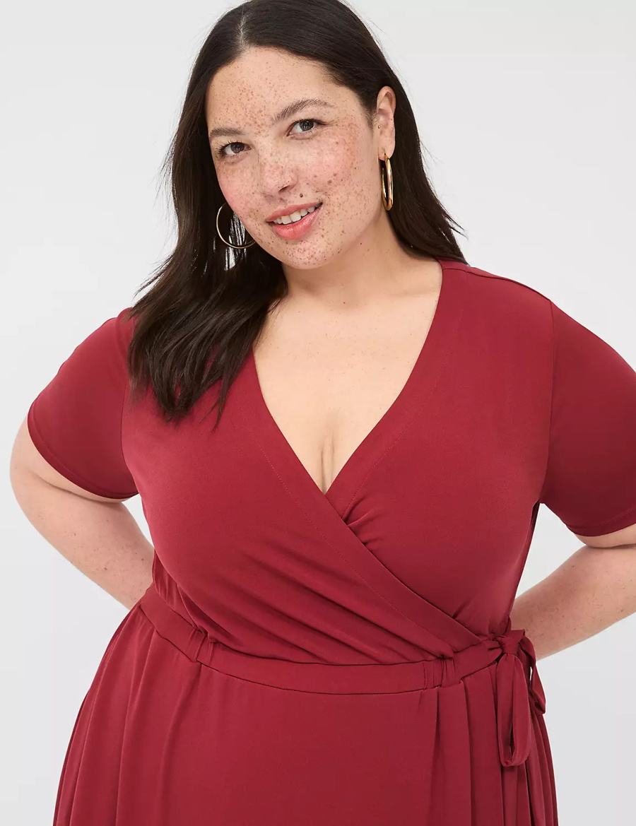 Women Lane Bryant Faux-Wrap Jersey Midi Dress Deep Red | EHV9363UD
