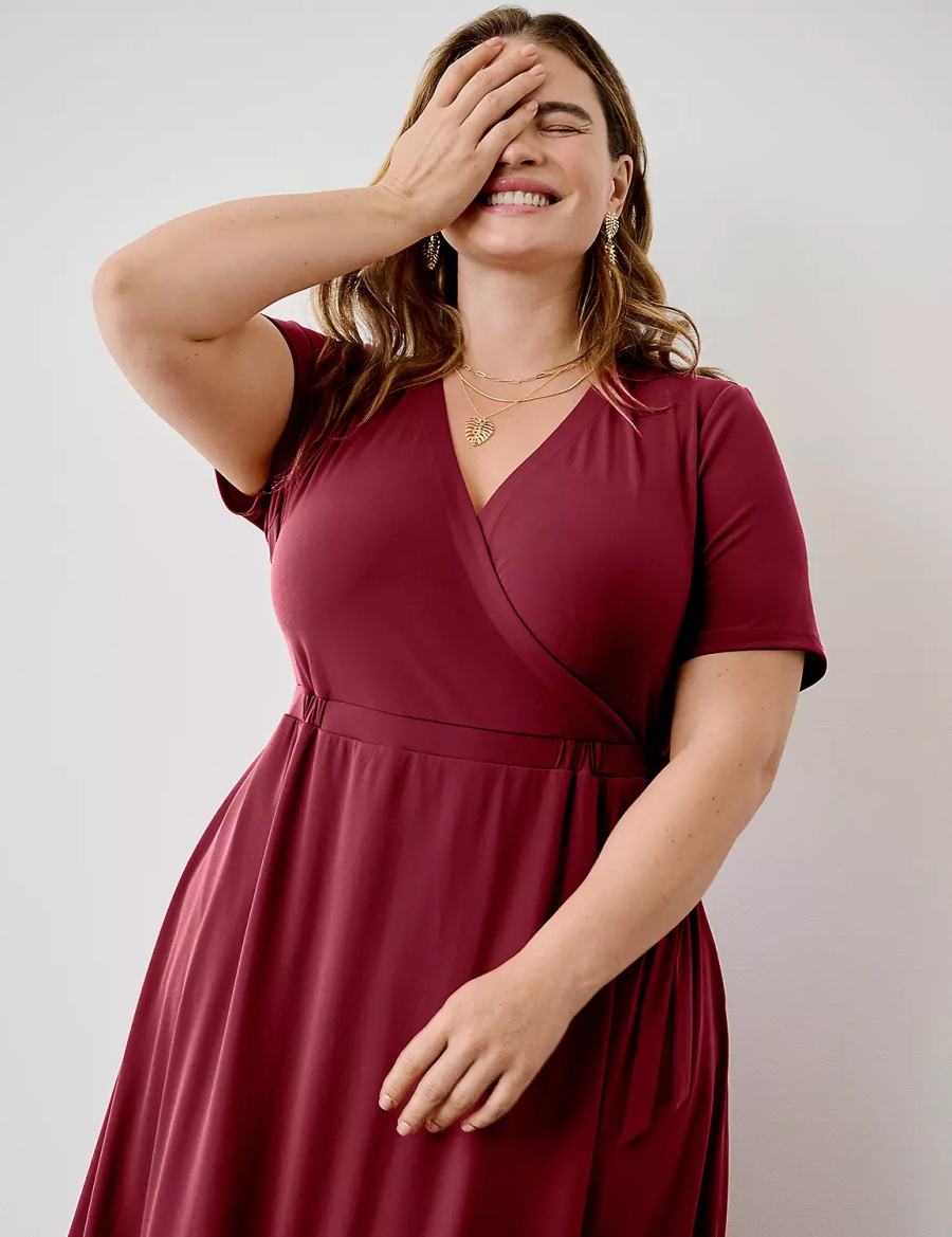 Women Lane Bryant Faux-Wrap Jersey Midi Dress Deep Red | EHV9363UD