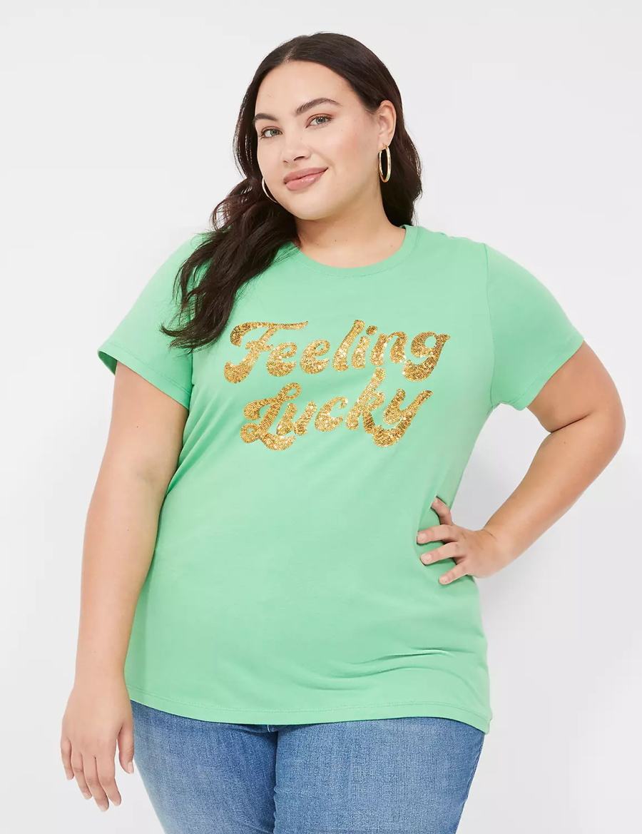 Women Lane Bryant Feeling Lucky Graphic Tee Tank Top Light Green | MUA461ML