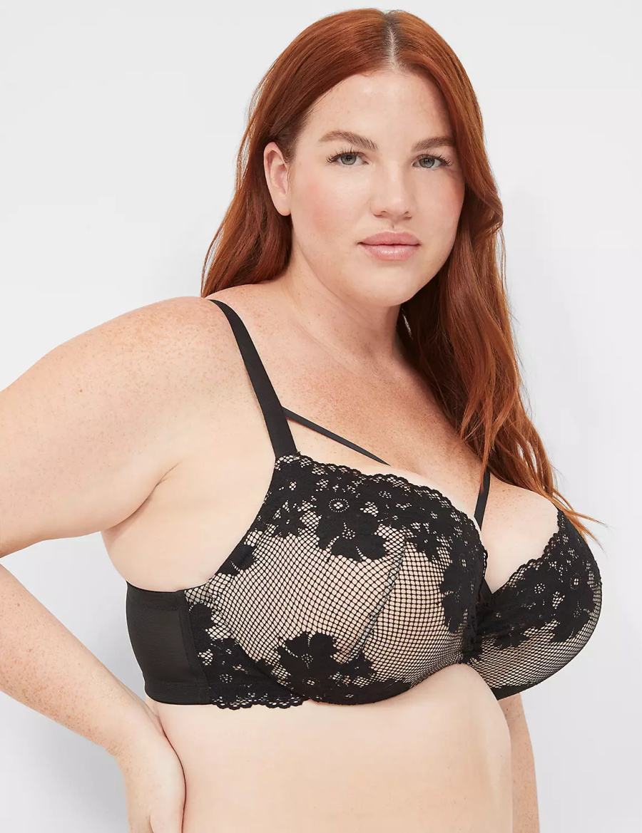 Women Lane Bryant Fishnet Lace Max Boost Plunge Bralettes Black | KKS1263NT