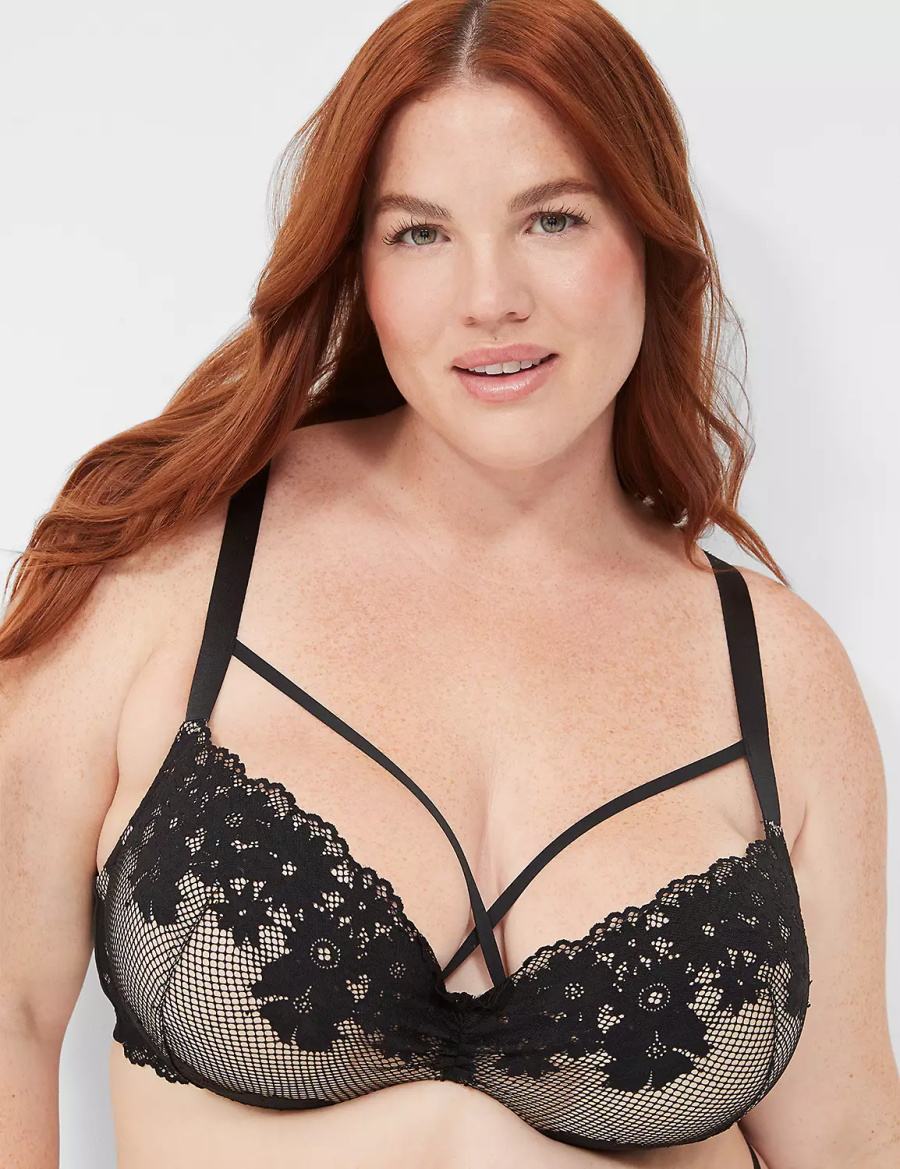 Women Lane Bryant Fishnet Lace Max Boost Plunge Bralettes Black | KKS1263NT