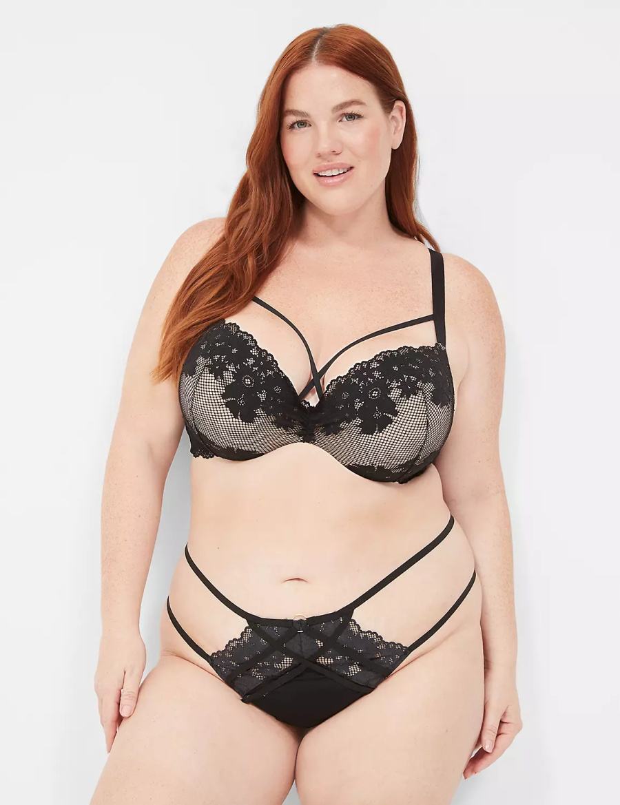 Women Lane Bryant Fishnet Lace Max Boost Plunge Bralettes Black | KKS1263NT