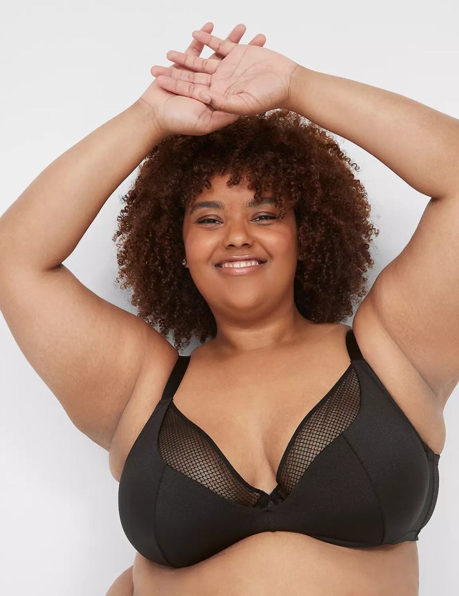 Women Lane Bryant Fishnet Lightly Lined Plunge Bralettes Black | UBU1672RN