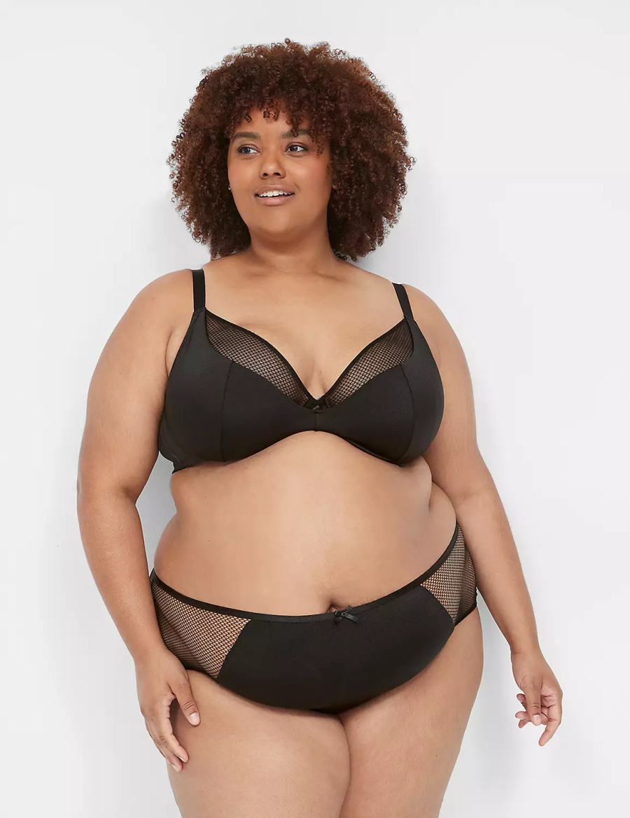 Women Lane Bryant Fishnet Lightly Lined Plunge Bralettes Black | UBU1672RN