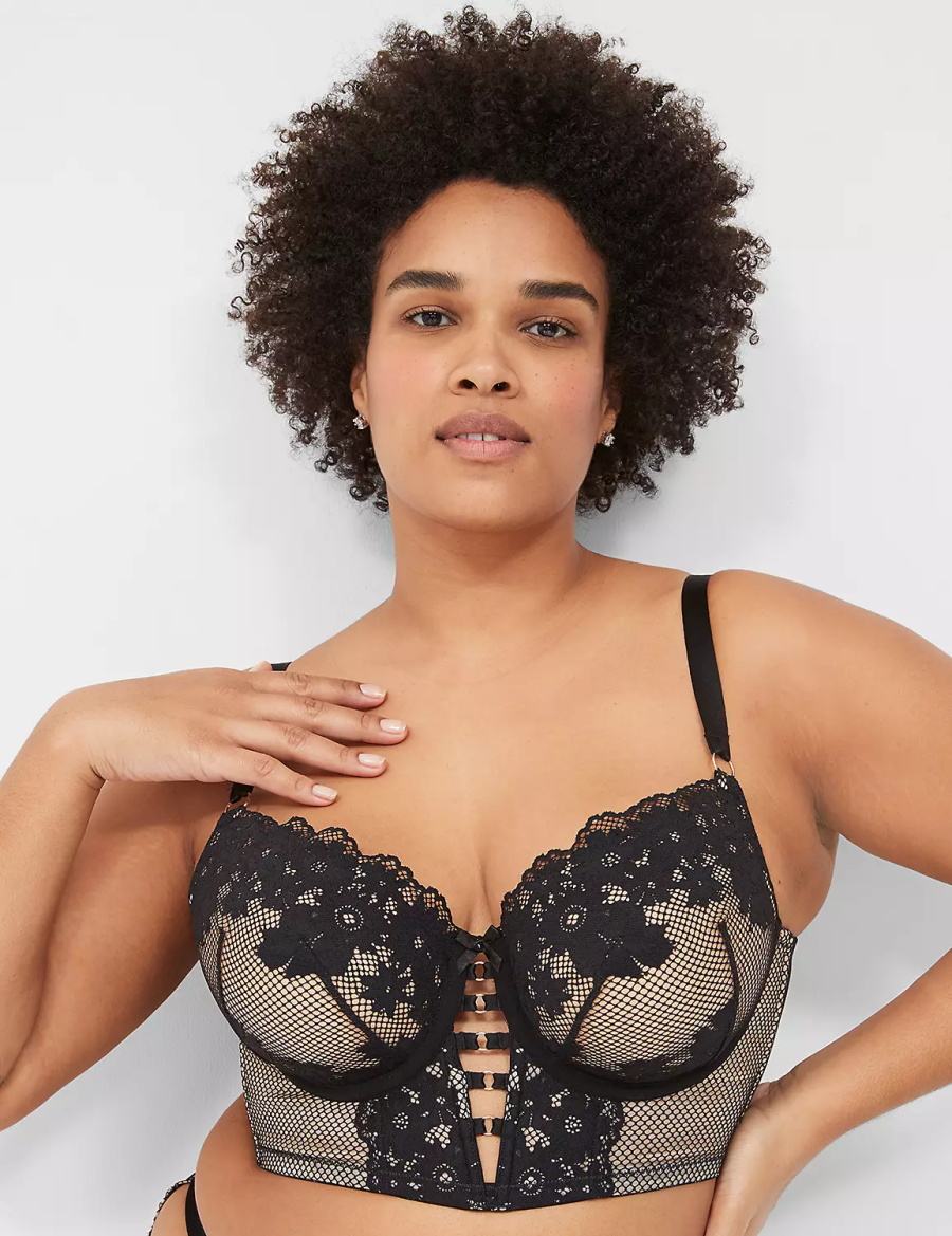Women Lane Bryant Fishnet Longline Boost Balconette Bra Black | XQK6676YG