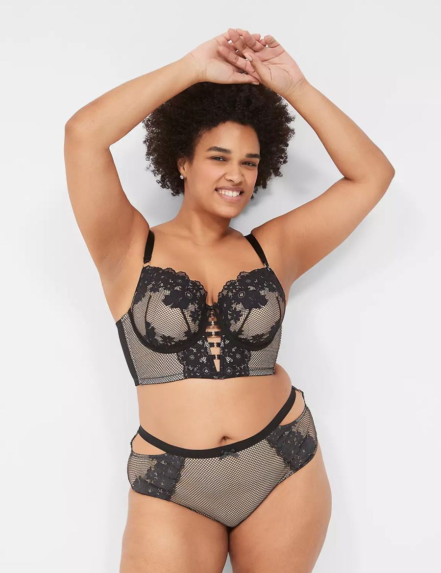 Women Lane Bryant Fishnet Longline Boost Balconette Bra Black | XQK6676YG