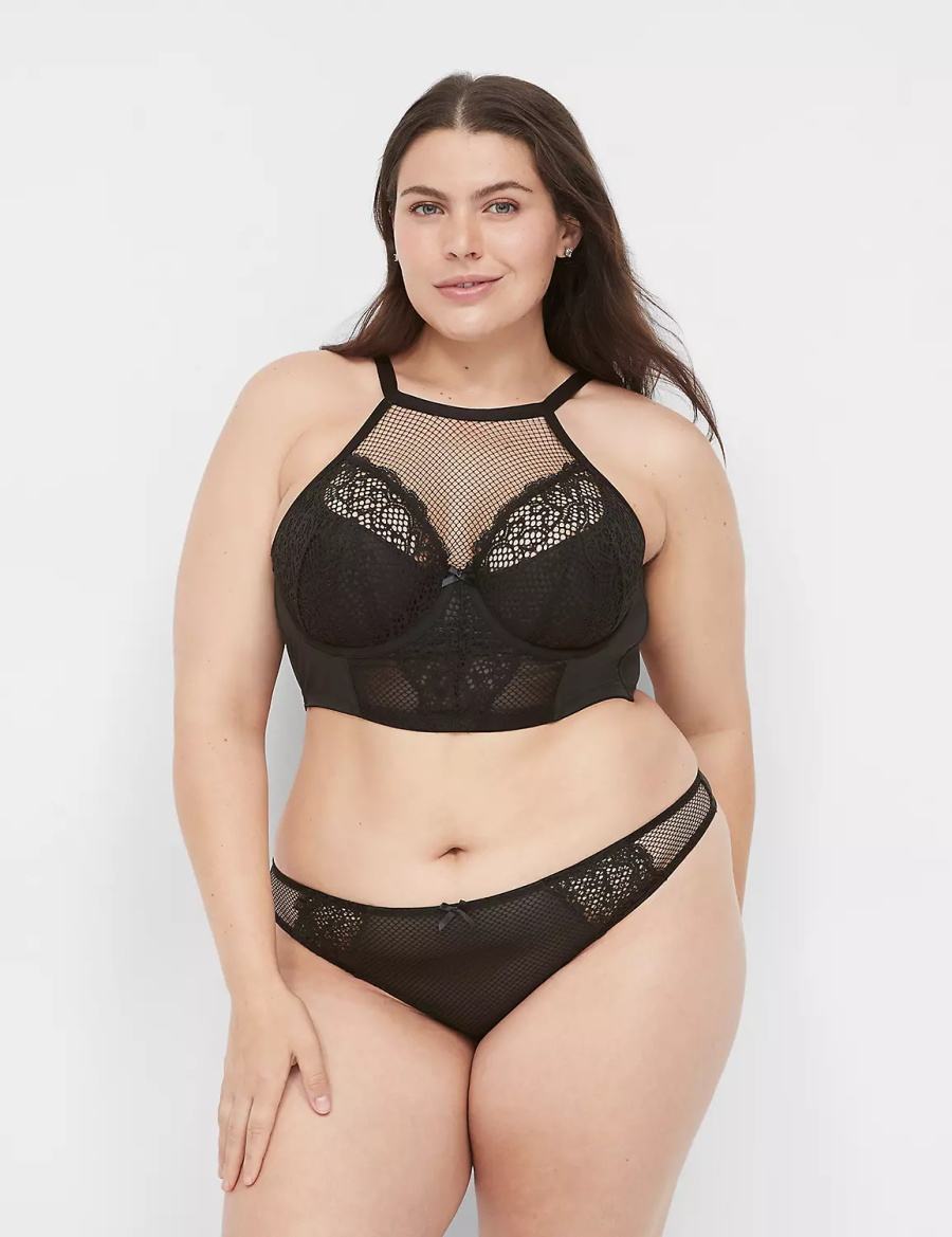 Women Lane Bryant Fishnet Thong Panty Black | QYG7226XK