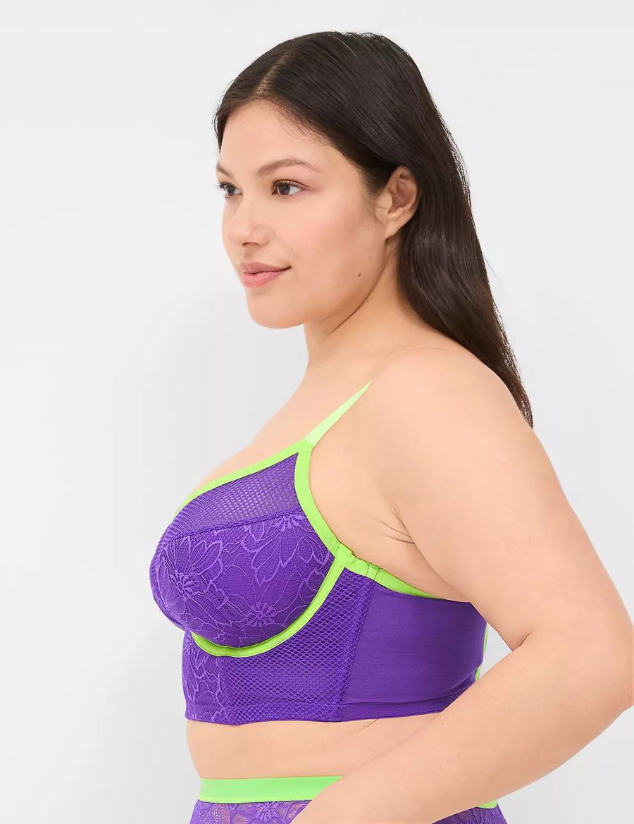 Women Lane Bryant Fishnet & Lace Lightly Lined Demi Longline Bralettes Purple | RFW1751BN