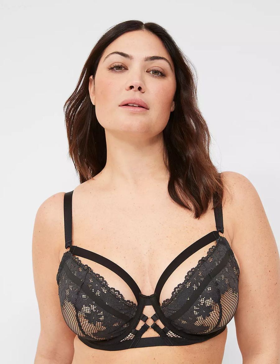 Women Lane Bryant Fishnet & Lace Unlined Balconette Bra Black | PGQ9043HW