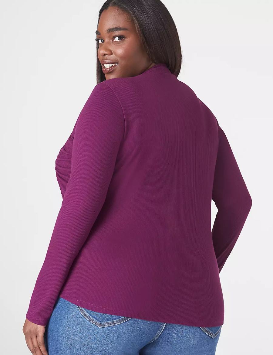 Women Lane Bryant Fitted Crop Mock-Neck Double-Drawcord Tee T Shirts Dark Purple | DFR9644DR