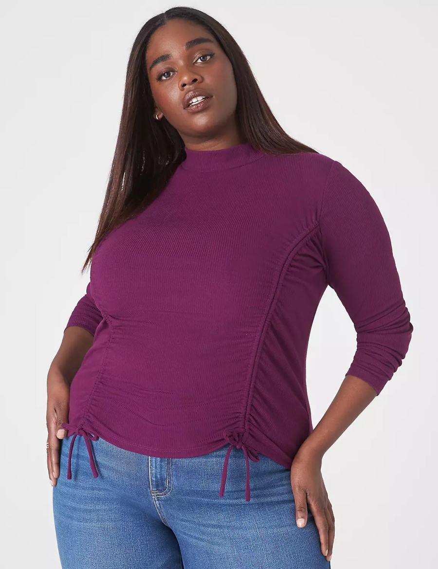 Women Lane Bryant Fitted Crop Mock-Neck Double-Drawcord Tee T Shirts Dark Purple | DFR9644DR