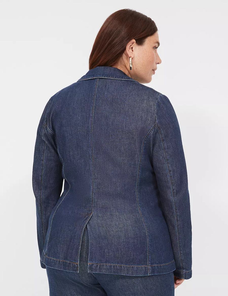 Women Lane Bryant Fitted Denim Blazers Dark Blue | XRK9159NB
