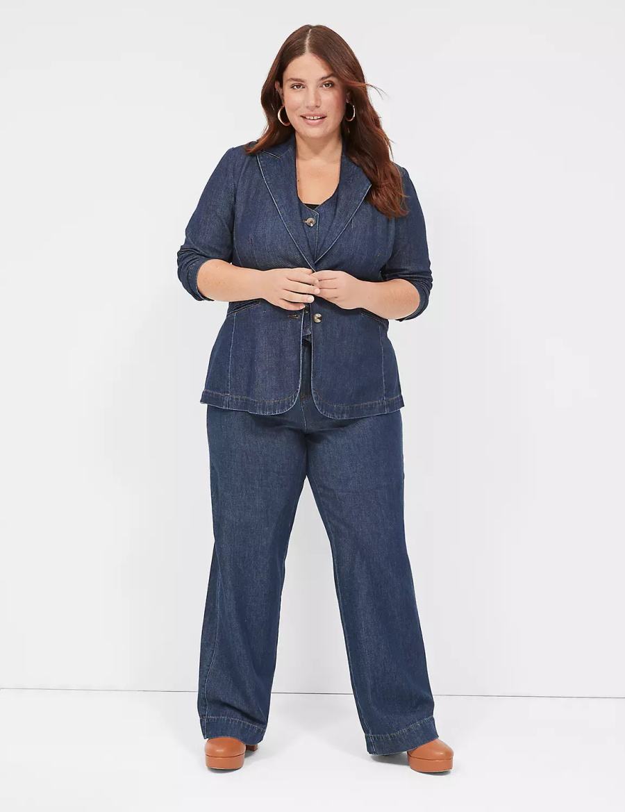 Women Lane Bryant Fitted Denim Blazers Dark Blue | XRK9159NB