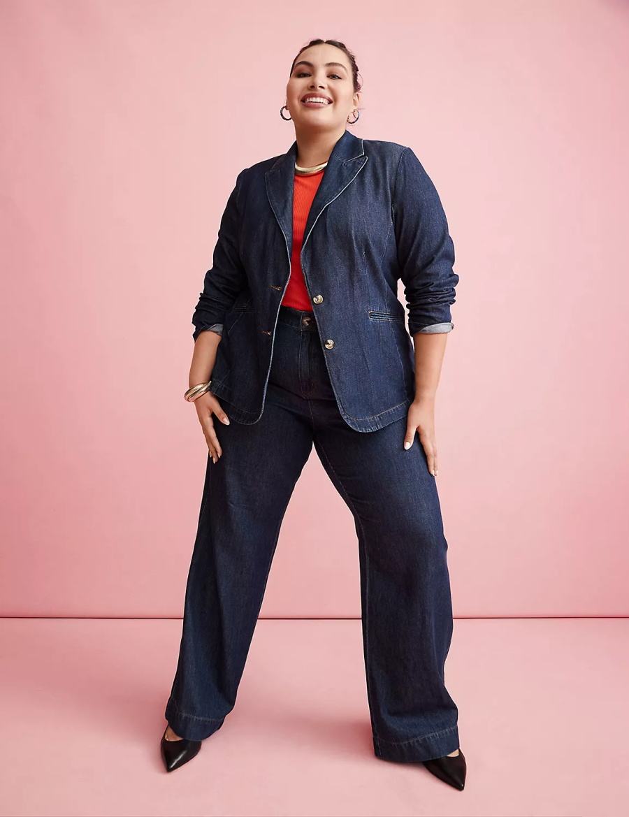 Women Lane Bryant Fitted Denim Blazers Dark Blue | XRK9159NB