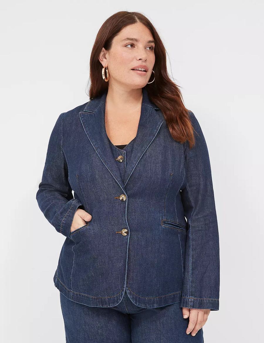 Women Lane Bryant Fitted Denim Blazers Dark Blue | XRK9159NB