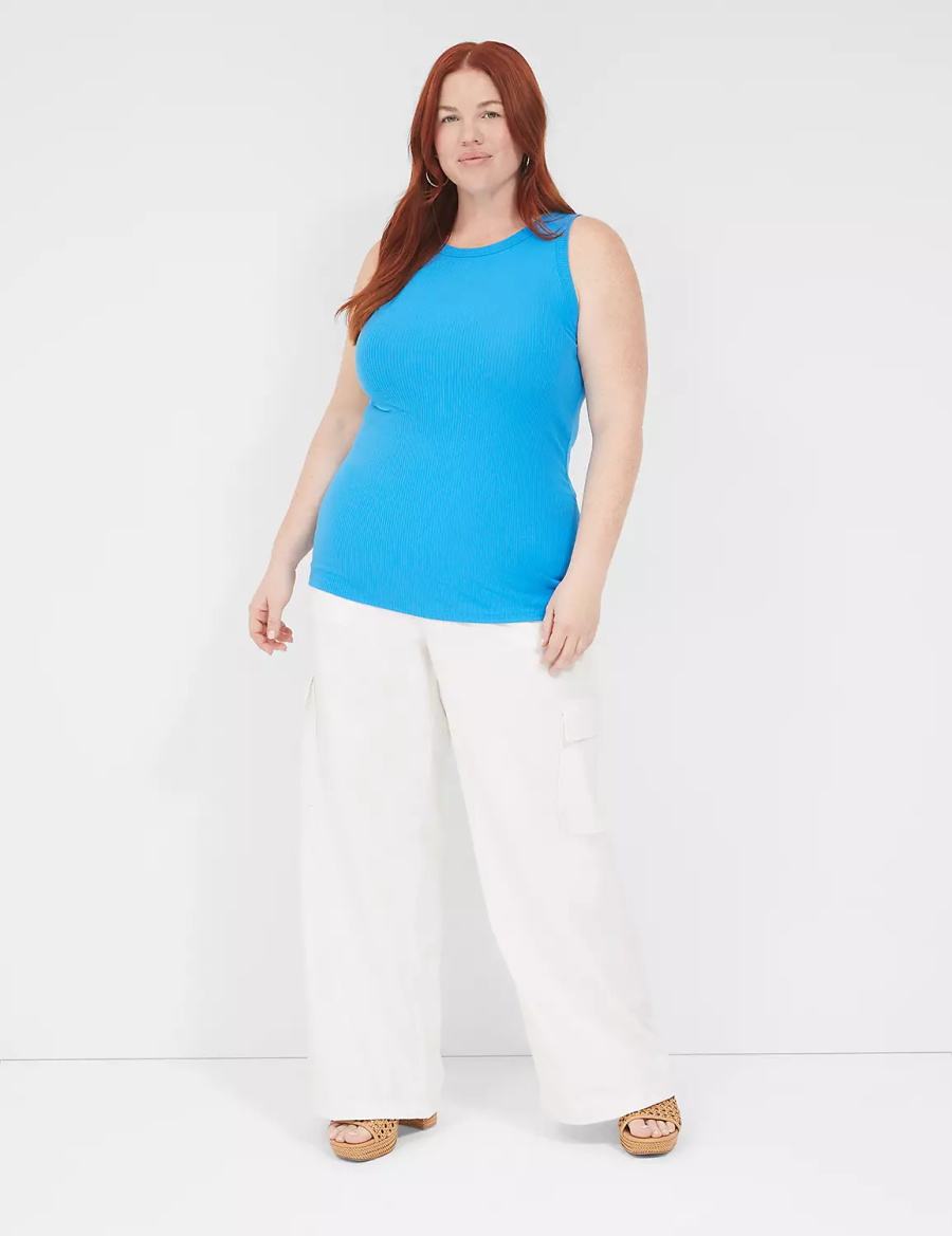 Women Lane Bryant Fitted High-Neck Rib Tank Top Blue | LXR856AB