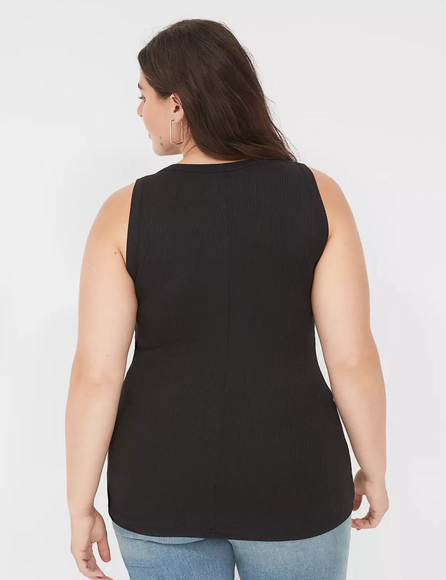 Women Lane Bryant Fitted High-Neck Rib Tank Top Black | IJP5235OQ
