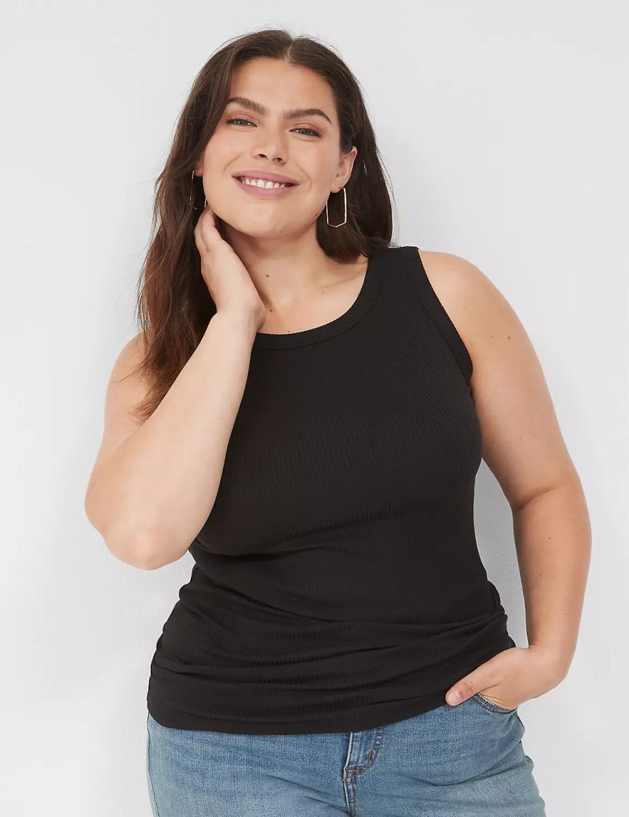 Women Lane Bryant Fitted High-Neck Rib Tank Top Black | IJP5235OQ