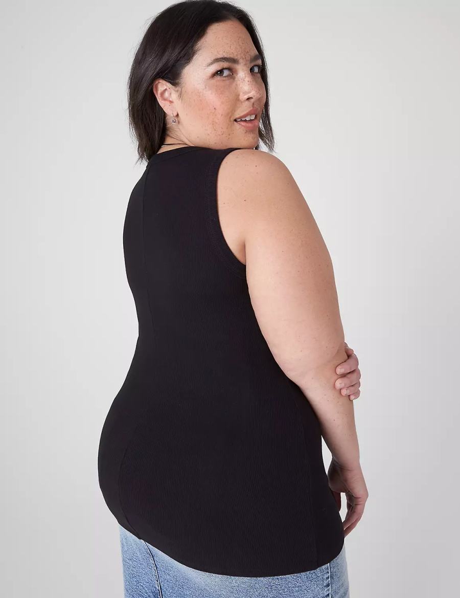 Women Lane Bryant Fitted High-Neck Rib Tank Top Black | JYQ2886YQ