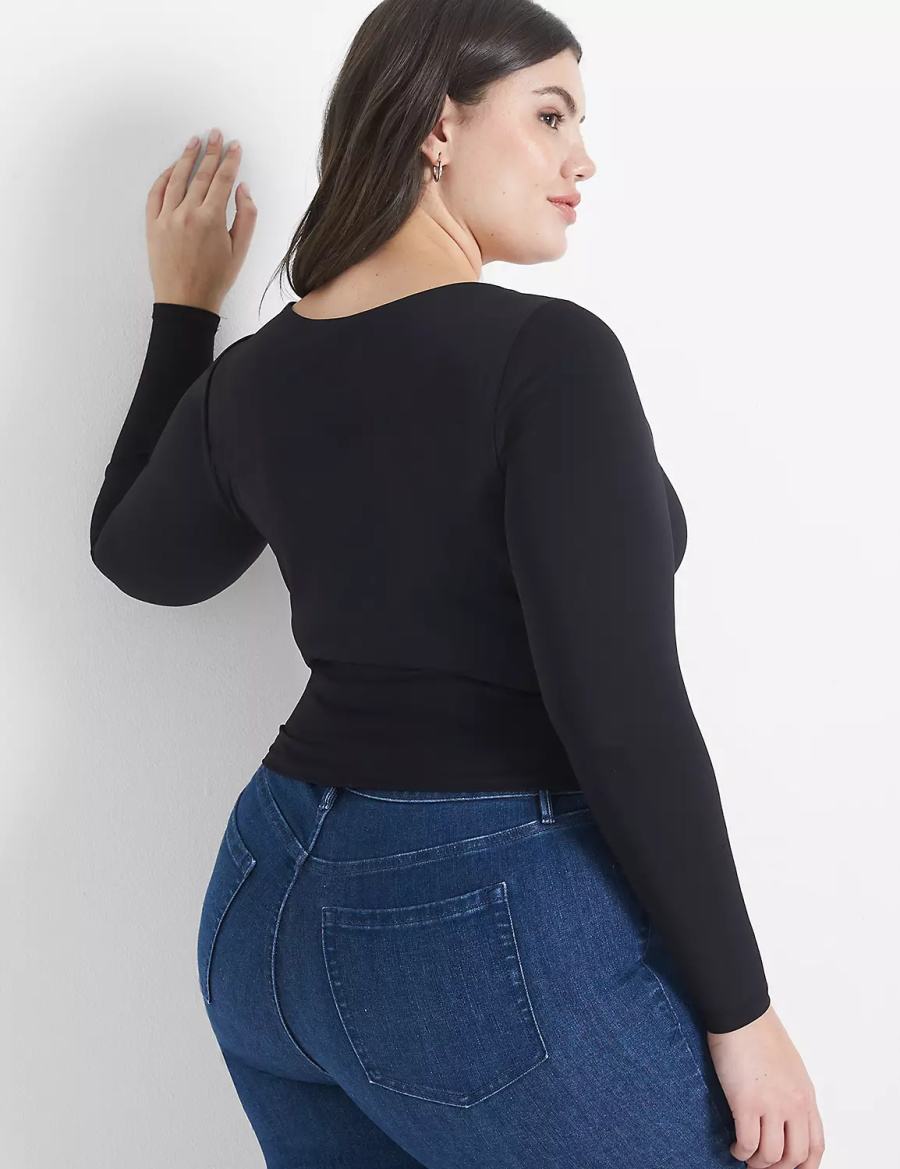 Women Lane Bryant Fitted Long-Sleeve Crop Tee T Shirts Black | NDN7471DZ