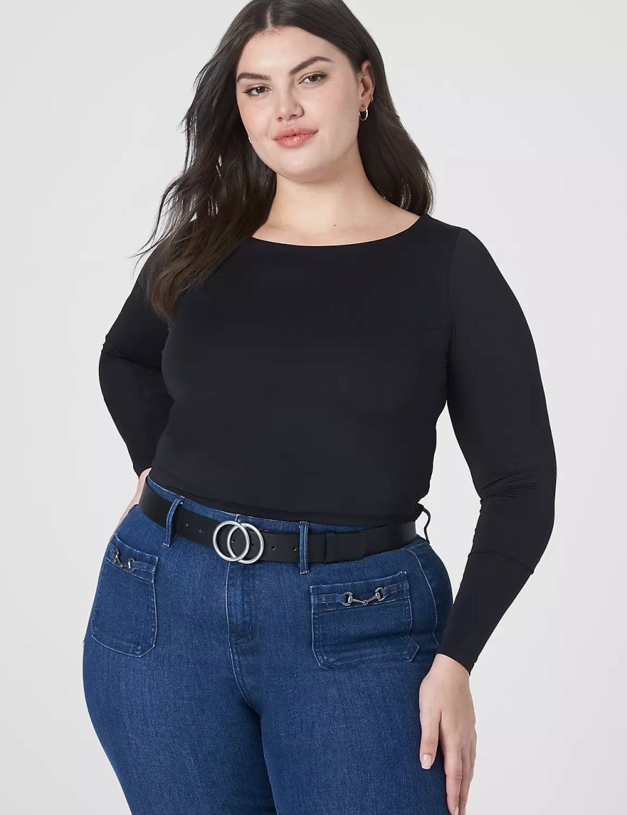 Women Lane Bryant Fitted Long-Sleeve Crop Tee T Shirts Black | NDN7471DZ