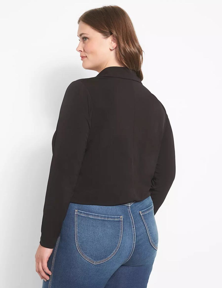 Women Lane Bryant Fitted Long-Sleeve Surplice Collar Crop Shirts Black | STR5874AG